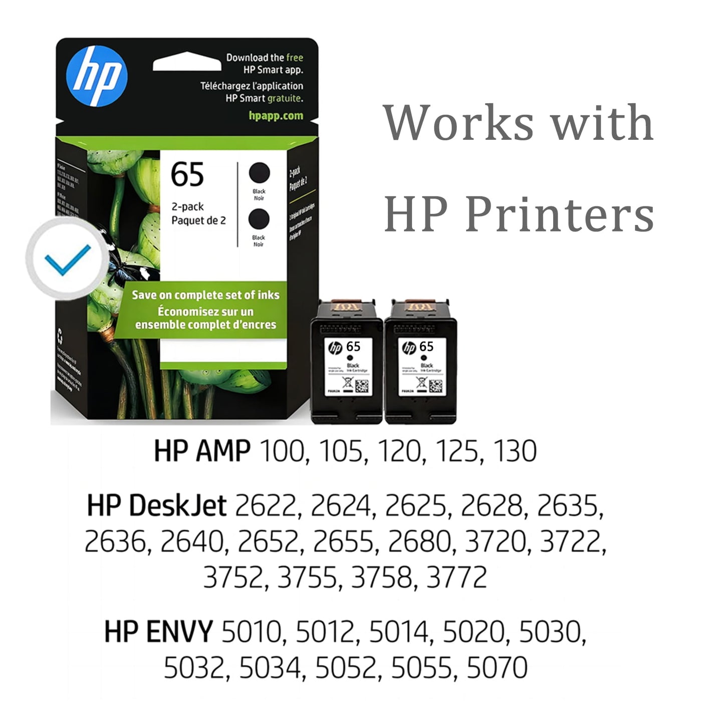 HP 65 Ink Cartridges for HP 65 Black Ink Cartridge, 2 Black