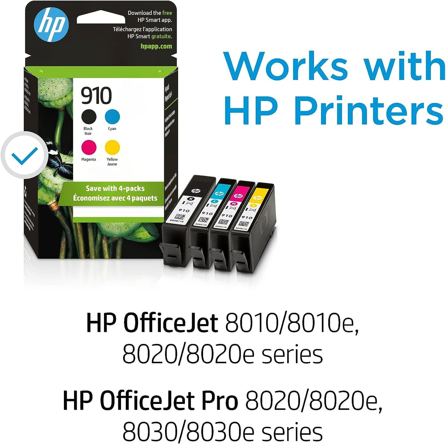 HP 910 Ink Cartridges - Black, Cyan, Magenta, Yellow, 4 Pack